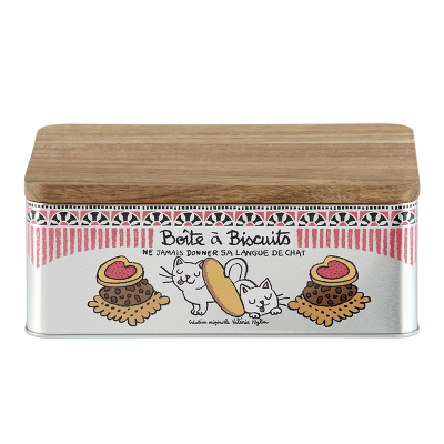 Boîte métallique biscuit Boite à biscuits avec couvercle en bois Langue de chat P005-MB10025-AE-21